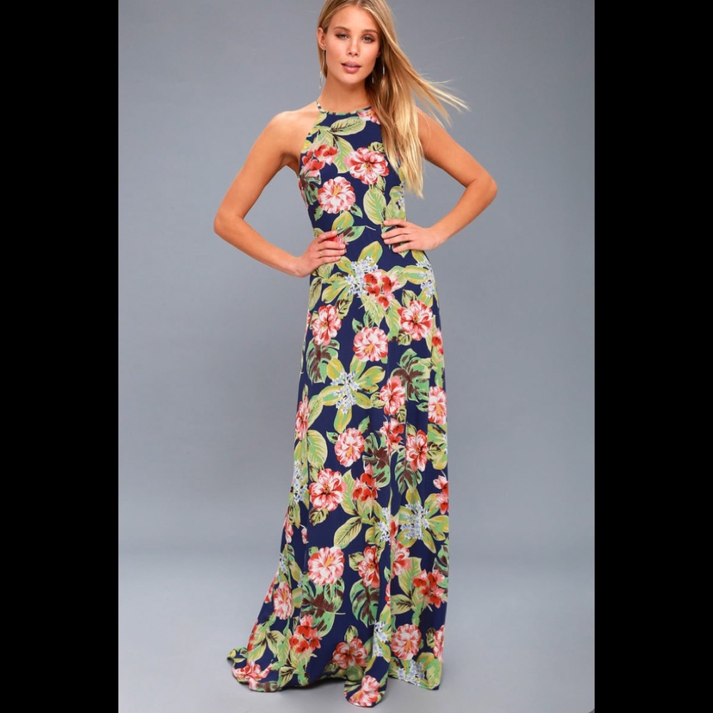Lulu’s Blue Floral Sleeveless Halter Style Long Maxi Dress - Picture 7 of 7